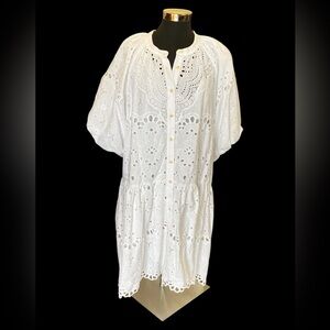 Anthropologie + White Eyelet Button-Front Dress
